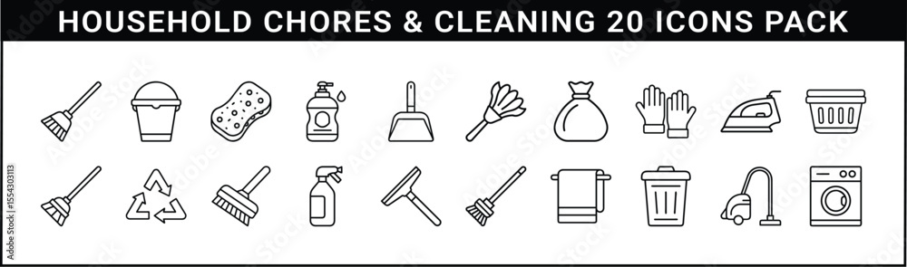 Fototapeta premium Household Chores and Cleaning Line Icon Set - Set of 20 black line icons representing home cleaning tools, laundry, and household chores for domestic organization and hygiene visuals.