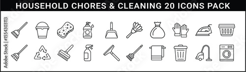 Household Chores and Cleaning Line Icon Set - Set of 20 black line icons representing home cleaning tools, laundry, and household chores for domestic organization and hygiene visuals.