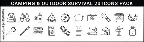 Camping and Outdoor Survival Line Icon Vector Set - Set of 20 black line icons featuring camping gear, wilderness tools, and survival essentials for outdoor adventure, trekking, and nature travel.