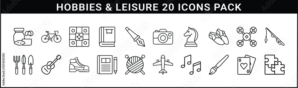 Obraz premium Hobbies and Leisure Line Icon Vector Set - Set of 20 black line icons representing fun pastimes, creative activities, and relaxing leisure pursuits for lifestyle and recreational content.
