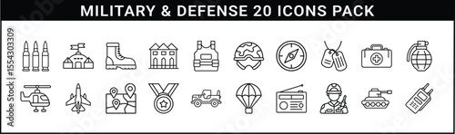 Military and Defense Line Icon Vector Set - Set of 20 black line icons representing military equipment, tactical gear, vehicles, and defense operations for army and security-related visuals.