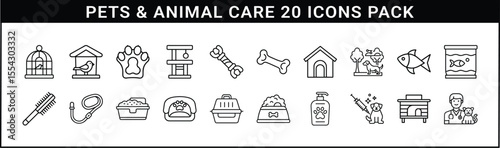 Pets and Animal Care Line Icon Set - Outline icon pack of 20 pet care elements, including animals, grooming tools, feeding, toys, and veterinary symbols.