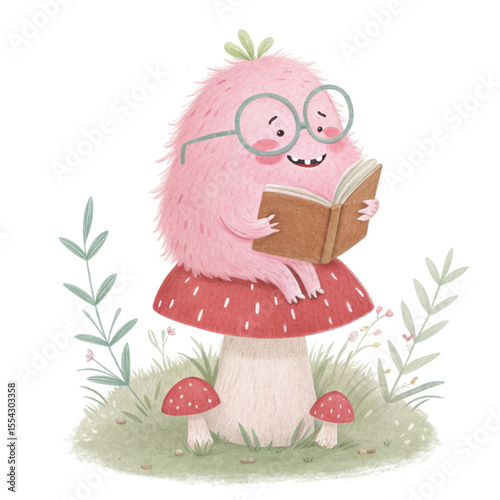 monster cartoon Wearing glasses and sitting on a mushroom reading a book Clipart Watercolor
