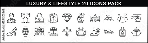 Luxury and Lifestyle Line Icon Vector Set - Set of 20 black line icons representing upscale living, wealth, relaxation, fashion, and elite experiences for luxury and premium lifestyle themes.