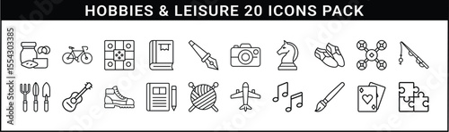 Hobbies and Leisure Line Icon Vector Set - Set of 20 black line icons representing fun pastimes, creative activities, and relaxing leisure pursuits for lifestyle and recreational content.