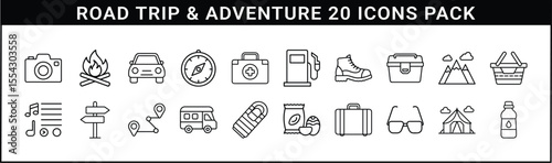Road Trip and Outdoor Adventure Icons Set - 20 line icons representing road trip essentials, travel gear, camping equipment, maps, music, and adventure outdoors.