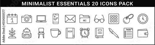 Minimalist Essentials Icon Set for Everyday Use - Clean line icon pack featuring 20 minimalist essentials including calendar, tech gadgets, books, coffee, wallet, and planner tools.