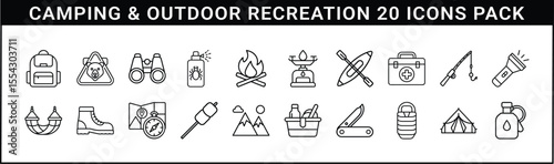 Camping and Outdoor Recreation Line Icons Pack - Set of 20 outline icons representing camping gear, survival tools, hiking, fishing, fire safety, tents, and outdoor adventure essentials.
