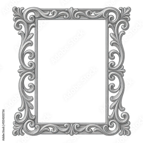 Ornate Rectangular Silver Frame with Baroque Scrollwork, Cutout Transparent PNG