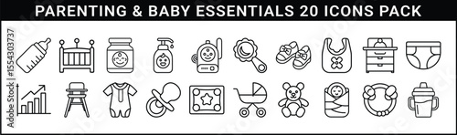 Parenting and Baby Essentials Icon Set - Collection of 20 outline icons showing baby care items, feeding tools, toys, diapers, furniture, and newborn parenting essentials.