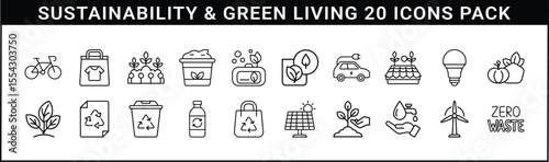 Sustainability and Green Living Icon Pack - Set of 20 eco-themed icons representing sustainability, renewable energy, recycling, green lifestyle, and zero waste concepts.