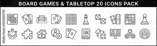Board Games and Tabletop Icon Set Collection - Set of 20 icons themed around board games, tabletop strategy, playing cards, dice, and classic gaming elements.