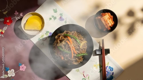 Serving Noodle Dish with Vegetables and Kimchi Close Up