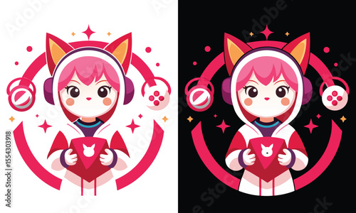 Cute anime girl with pink hair and cat ears wearing headphones and holding a geometric gem presented on both white and black backgrounds for versatility