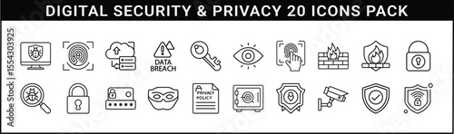 Digital Security and Online Privacy Icon Set - Line icons representing cybersecurity concepts like data protection, privacy, encryption, hacking prevention, and secure access control.