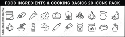 A set of 20 minimal line icons representing basic cooking ingredients and pantry staples for kitchen and recipe design use