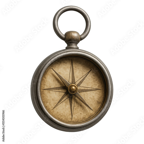 Vintage Silver Compass with Plain Aged Dial and Star Rose, Cutout Transparent PNG