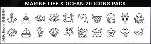 Marine Life and Ocean Wildlife Line Icon Set - A detailed pack of 20 marine-themed line icons featuring sea animals, ocean objects, and underwater life elements.