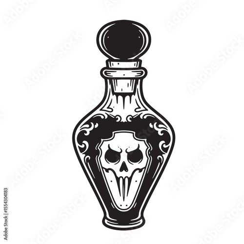 Vector illustration of a vintage potion bottle with a skull silhouette art design