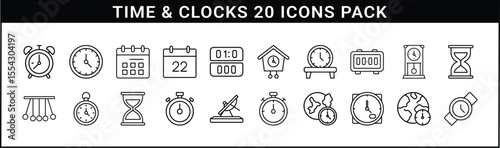 Time and Clocks Icon Collection for Scheduling - Set of 20 outline icons showing clocks, timers, calendars, and world time elements for time tracking, planning, and scheduling tools.