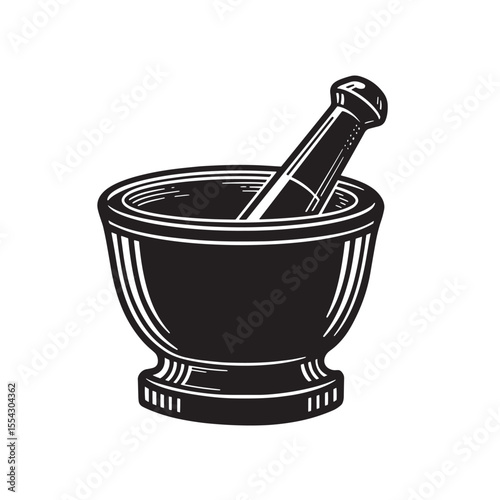 Vintage art silhouette illustration of a classic mortar and pestle kitchen utensil