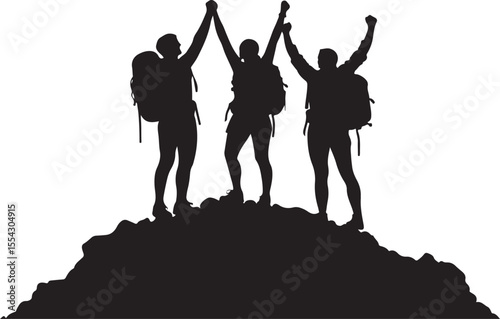 Silhouette of a mountain Hiker climber on top of hill isolated on white background