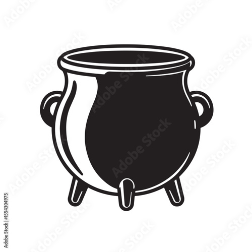 Vintage art silhouette of a black cauldron with handles and three legs