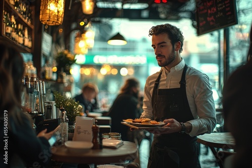 Waiter fulfills customers order and receives payment for his services