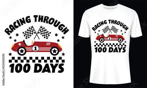 Presenting a cute racing car design for 100 days of school, featuring race flags and stars, ideal for celebrating a milestone or special event with a fun style.