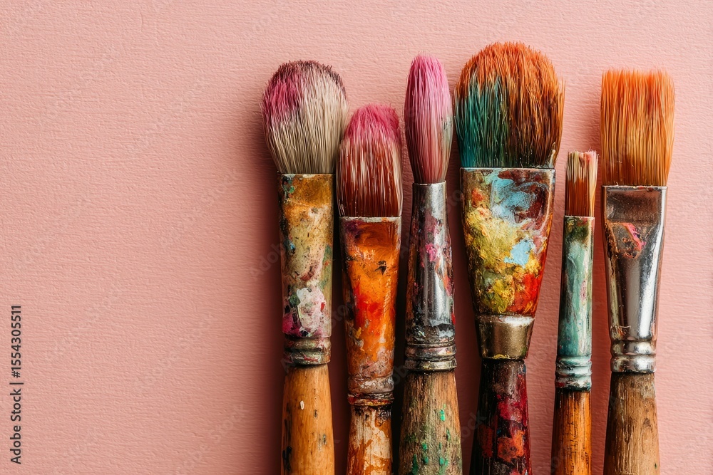 Fototapeta premium Used colorful paintbrushes lined up against pink background