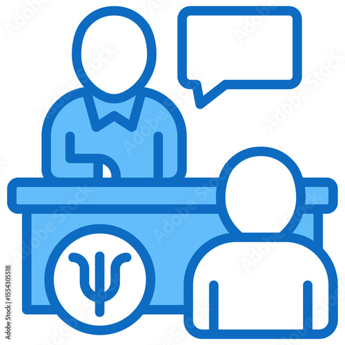 Consultation - Blue Fill Outline Style Icon - desk scene with two people and a dialogue bubble, representing consultation or discussion