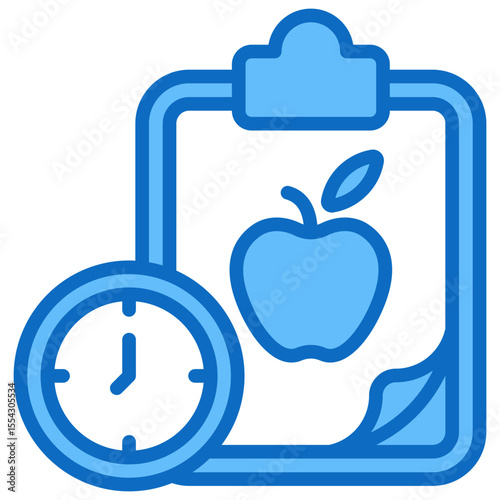 Diet Schedule - Blue Fill Outline Style Icon - clipboard with an apple and clock, illustrating a timed diet or nutrition plan