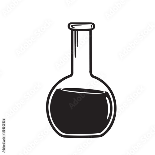 Vintage art silhouette of a laboratory flask containing a liquid in a simple black and white design