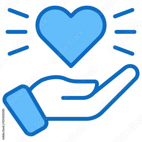 Heart Care - Blue Fill Outline Style Icon - hand holding a glowing heart, symbolizing emotional support or compassion