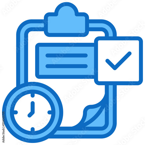 Routine Plan - Blue Fill Outline Style Icon - checklist clipboard with a clock, symbolizing daily planning or scheduled tasks