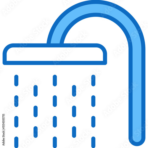Shower Routine - Blue Fill Outline Style Icon - Showerhead with falling water, representing daily hygiene or refreshment