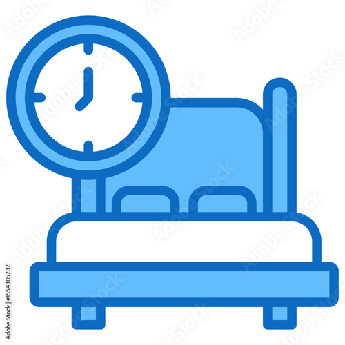 Sleep Time - Blue Fill Outline Style Icon - bed with a clock, representing scheduled or sufficient sleep time