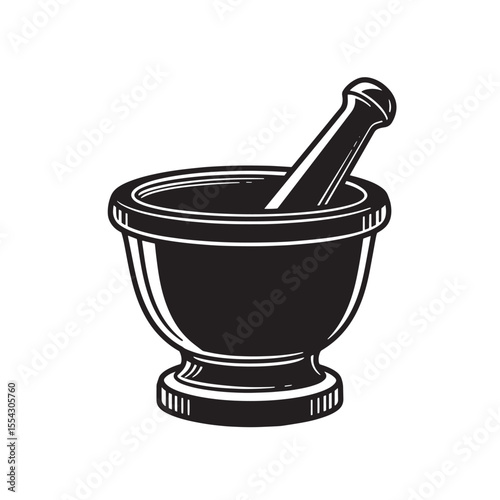 Vintage art silhouette of a mortar and pestle for herbal medicine and culinary purposes