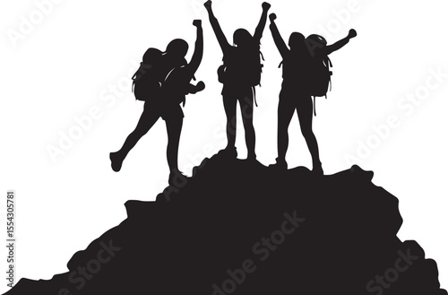 Silhouette of a mountain Hiker climber on top of hill isolated on white background