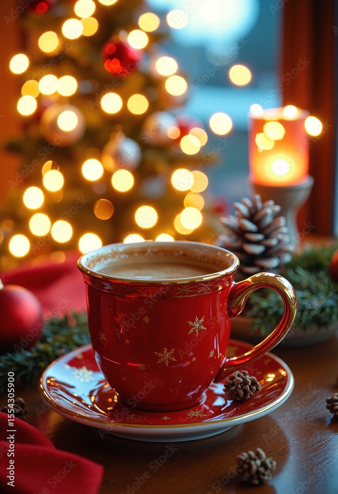 Fototapeta premium Christmas red and gold mug with Christmas coffee on a table decorated