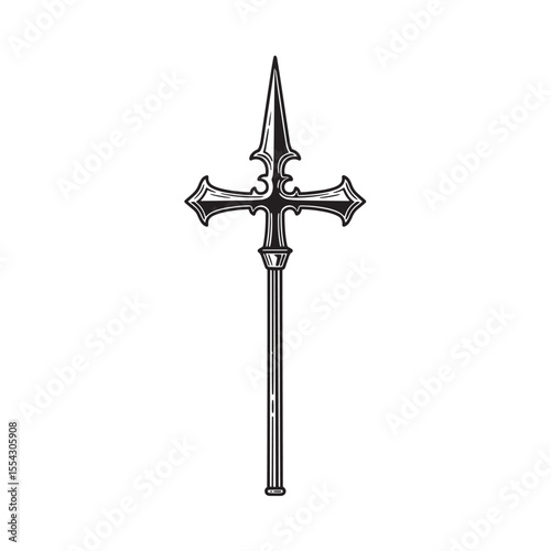Vintage art silhouette of a medieval halberd illustration with decorative cross features