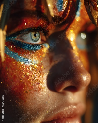 Face of a girl with artistic carnival makeup, eyes and lips in black and vibrant colors