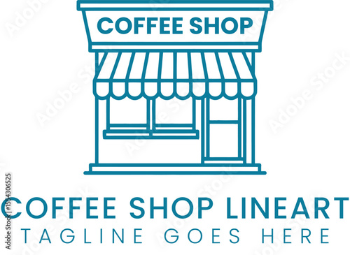Blue line art shows a coffee shop storefront design logo.