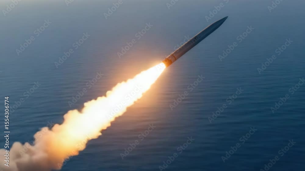 Missile launch over ocean with bright flame and smoke trail, powerful military weapon in flight, dynamic rocket propulsion and explosion against clear sky background
