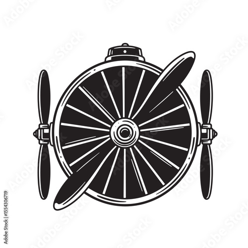 Vintage art silhouette of airplane propeller and wheel design in black and white