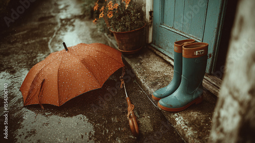 Realistic photo of entrance area with wet floor, folded umbrella, and rain boots placed beside door, perfect for visual storytelling of rainy days, comfort, and home organization themes