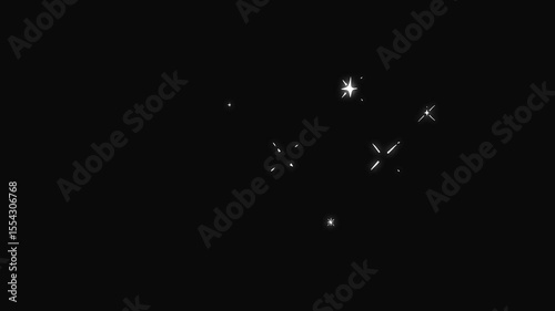 Twinkling stars in flat cartoon style glowing over a black background. Star twinkle animation with dreamy glowing white Star. spark, sparkling, galaxy, effect, twinkle, shine, shiny, glow, graphic.