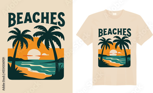 This beach-themed t-shirt design features vibrant ocean waves, palm trees, and a relaxing sunset vibe. Perfect for summer lovers, it captures the carefree spirit of coastal life. Ideal for vacations, 