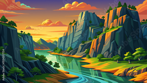 Rocky River Cliffs with dense greenery and calm reflections green landscape, Highly detailed vector illustration