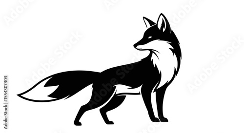 Stylized Black and White Illustration of a Fox Standing Gracefully with a Bushy Tail
